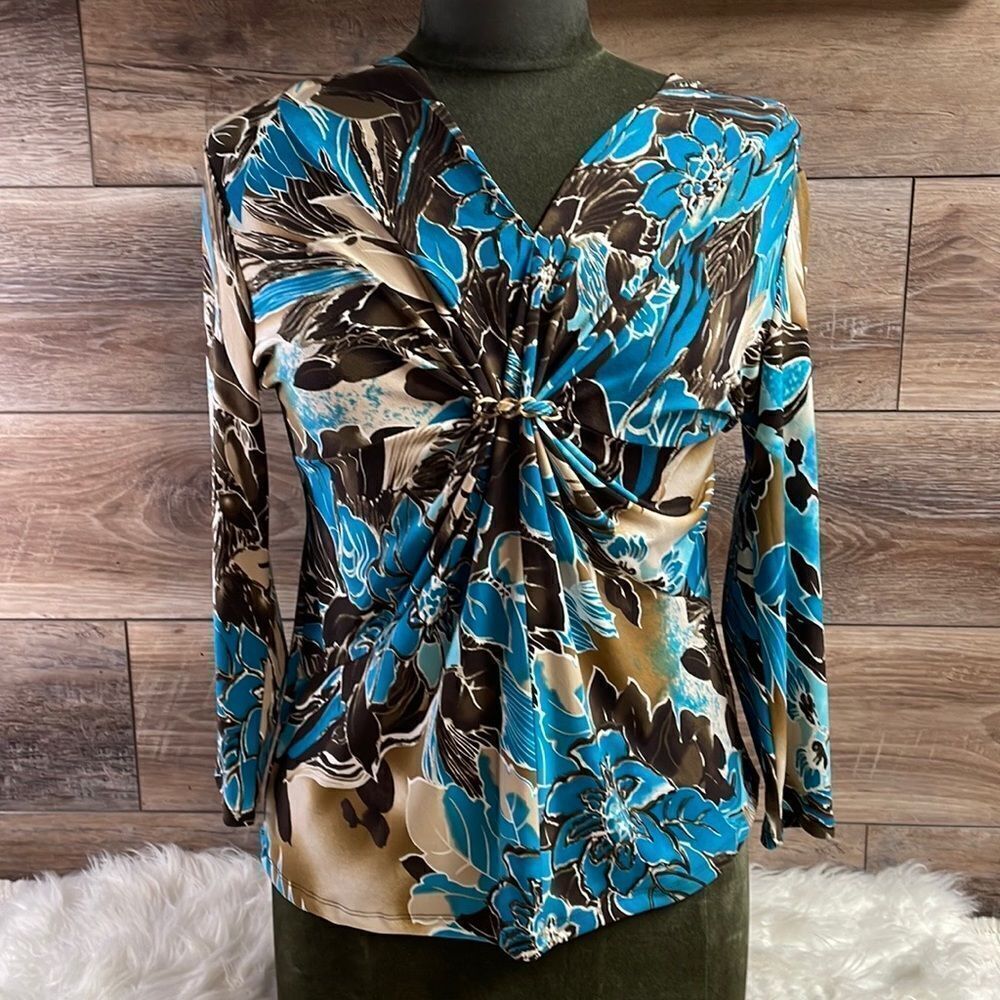 Josephine Studio Womens VNeck Blouse Top Size Small Teal Black Tan Floral